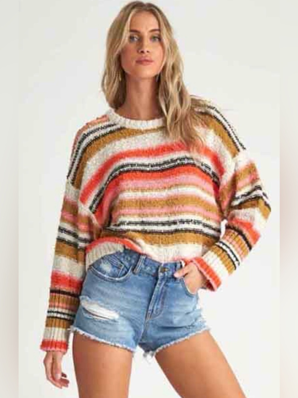 Billabong Oversized 100% Cotton Striped Easy Going Sweater Cream Tan Pink Medium